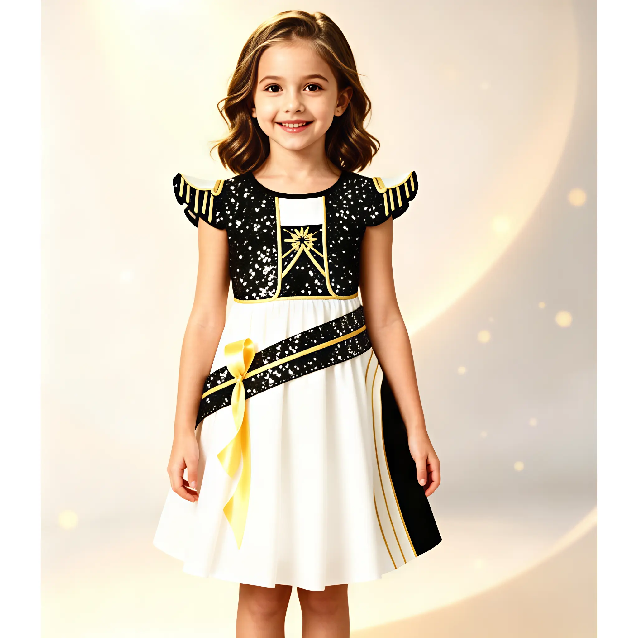 Girls' Black-Gold Sequin Princess Costume Dress, Ruffled Tassel Shoulder Formal Gown for Kids' Choir Stage Performances, Halloween Parties