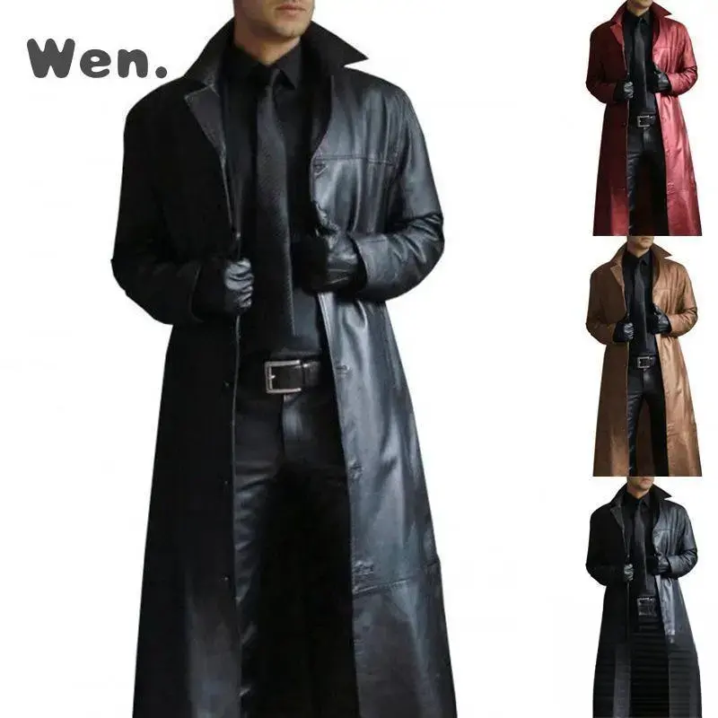 Men's Genuine Leather Full-Length Trench Coat - Slim Fit, Plain Design, Dominant Temperament Menswear Outerwear, Tops for Casual & Formal Occasions, Long Sleeve, Collared Neck, No