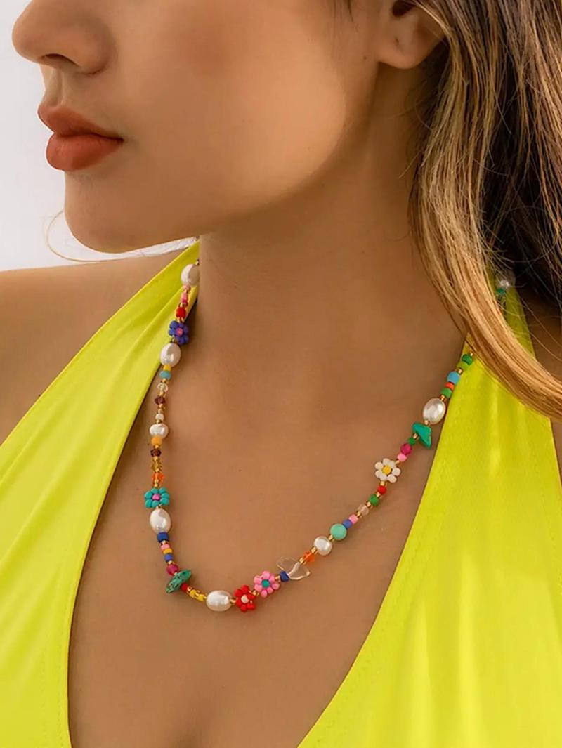 Floral & Faux Pearl Handmade Beaded Necklace