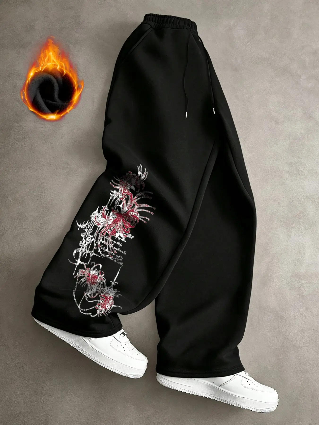 Men's Fleece Lined Wide Leg Sweatpants, Gothic Red Spider Lily Graphic Print Loose Casual Trousers, Elastic Waist Drawstring Warm Winter Streetwear Pants, Oversized Baggy Fit Black Daily Hip Hop Fashion Sweatpants with Unique Lycoris Pattern