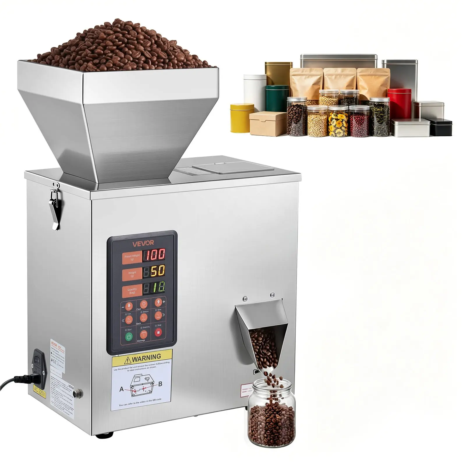 VEVOR Powder Filling Machine, 3-200g (0.01-0.44 lbs) Automatic Particle Dispenser, High Accuracy, Stainless Steel, Intelligent Weighing Dispensing Filler for Coffee Beans, Grains, Tea, Spices, Silver