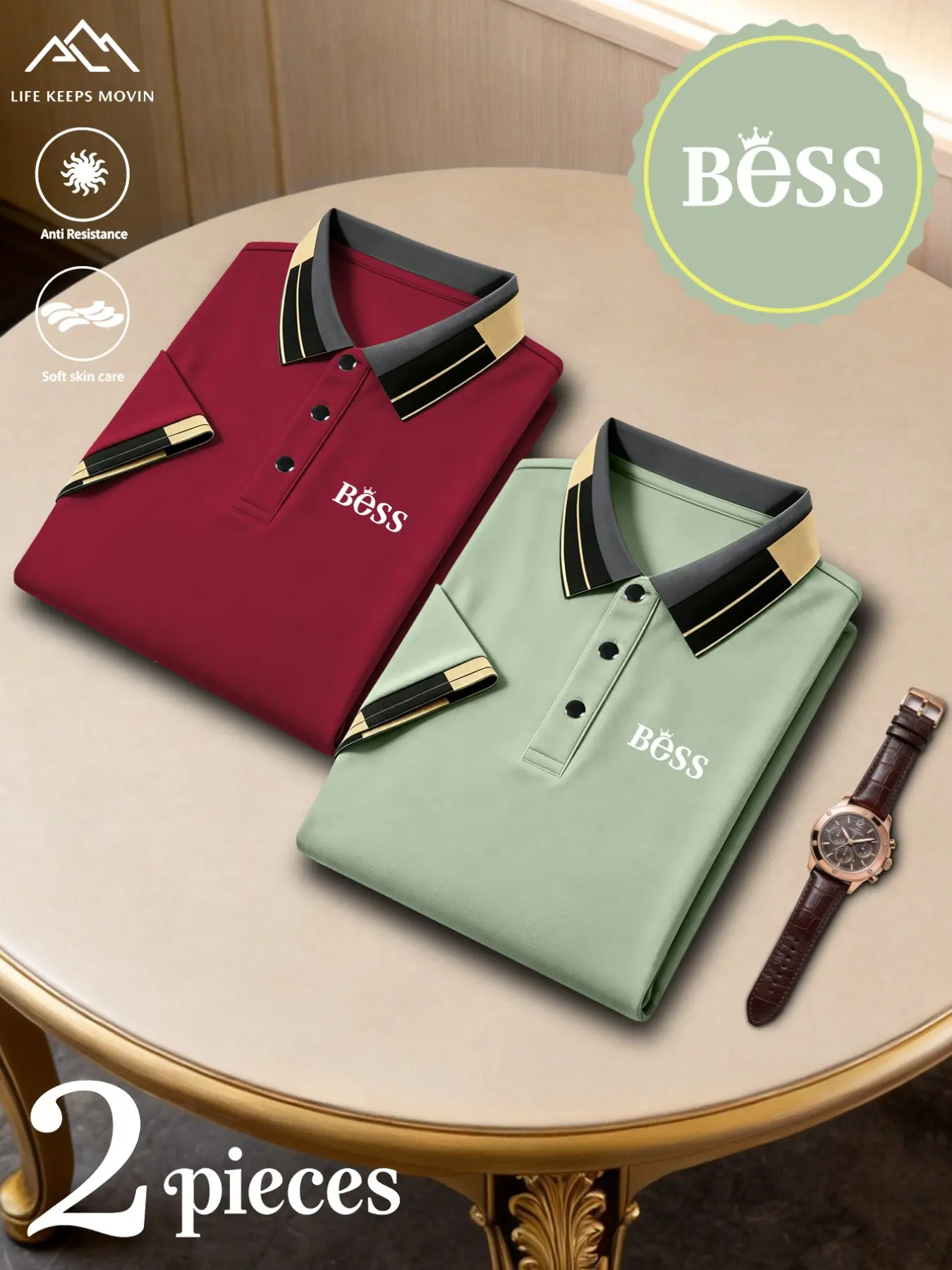 2-pack new "BeSS" printed men's casual short-sleeved tops, stylish quick-dry breathable fabric golf polo shirts, suitable for various fitness, business office, and daily wear, best gift option