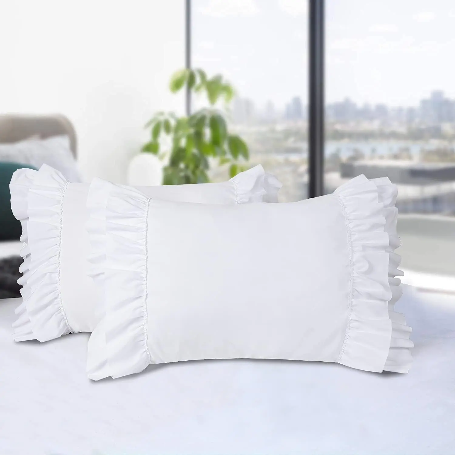 Pack of 2 Farmhouse Ruffle Pillow Shams, Standard Size 20" X 26" White French Country Vintage Boho Pillowcases with Handcraft Ruffle, Microfiber for Bedroom