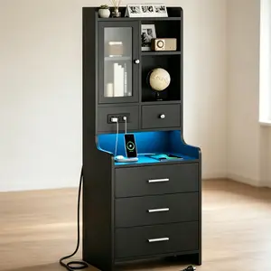 Tall Nightstand with Charging Station, Black Bedside Table with Drawers & Glass Door, LED Night Stand with Bookshelf, End Side Table with Storage summergarden
