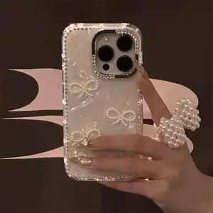 Luxury 3D Pearl Bowknow Glitter Rhinestone Shell Pattern Case For iPhone 17 Air 16 15 13 12 Pro Max 14 Plus Stylish Bling Cover