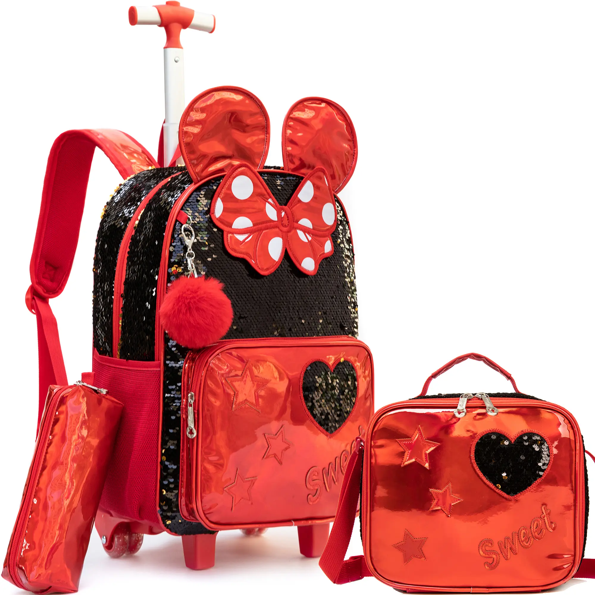 3-Piece Girls Red Mouse Ears Rolling Backpack Set | Cute Polka Dot Bow Flippable Sequin Schoolbag with Red Pom Pom, Insulated Lunch Bag & Pencil Case | Sweet Wheeled Trolley Bookbag for Elementary School