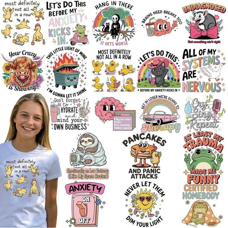 Funny Iron on Transfers - 20 Sheets Mental Health DTF Ready to Press Therapy Emotional Support Heat Patches Stickers Vinyl Decals for T Shirts Clothing Pillow Bag Hat DIY Crafts Decorations