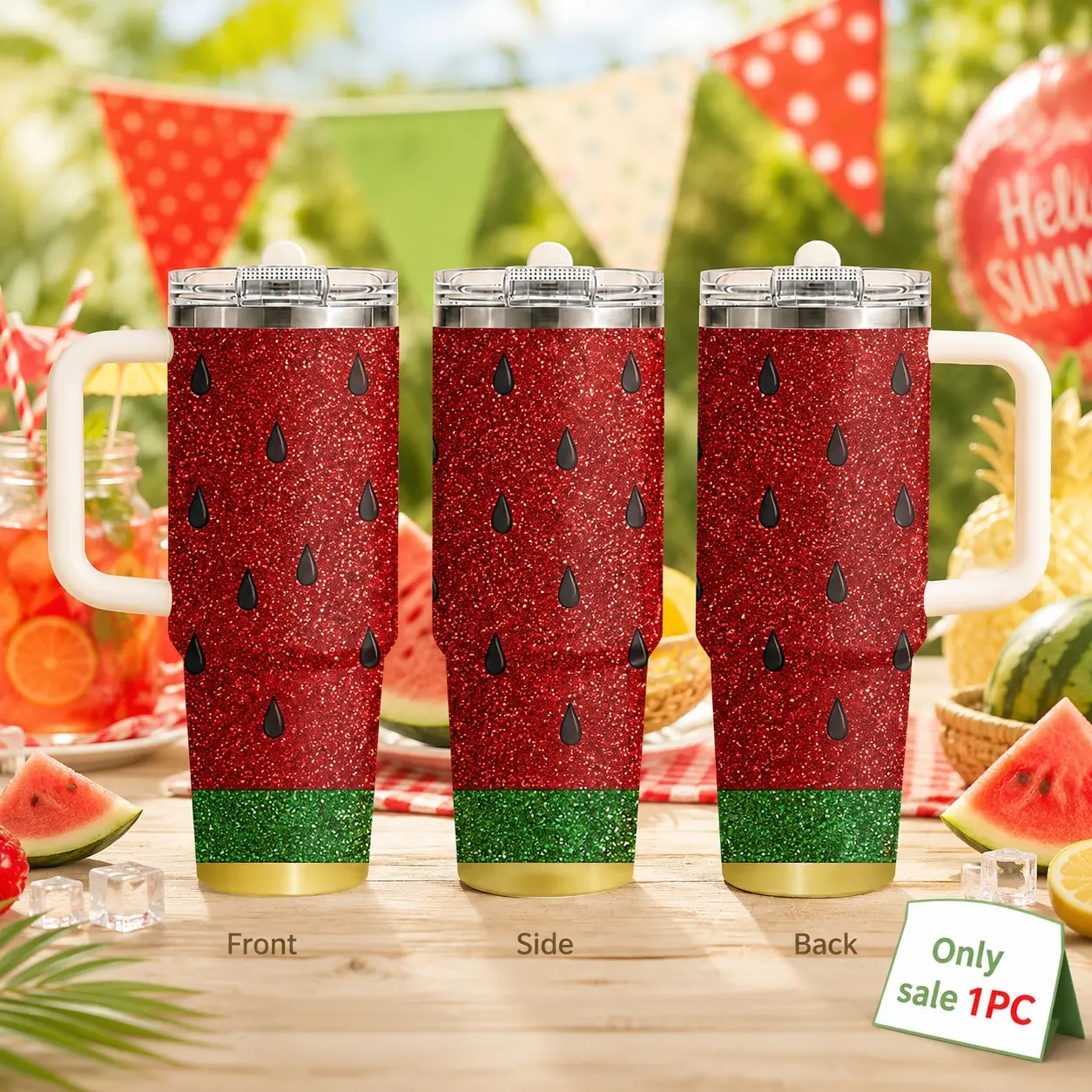 Watermelon strawberry pineapple Vacuum Flasks 40oz 3rd Gen Vacuum Insulated Tumbler with Handle & Straw Lid, Leak-Proof Stainless Steel Travel Mug for Water, Coffee, Gym, Office, Car Cup Holder