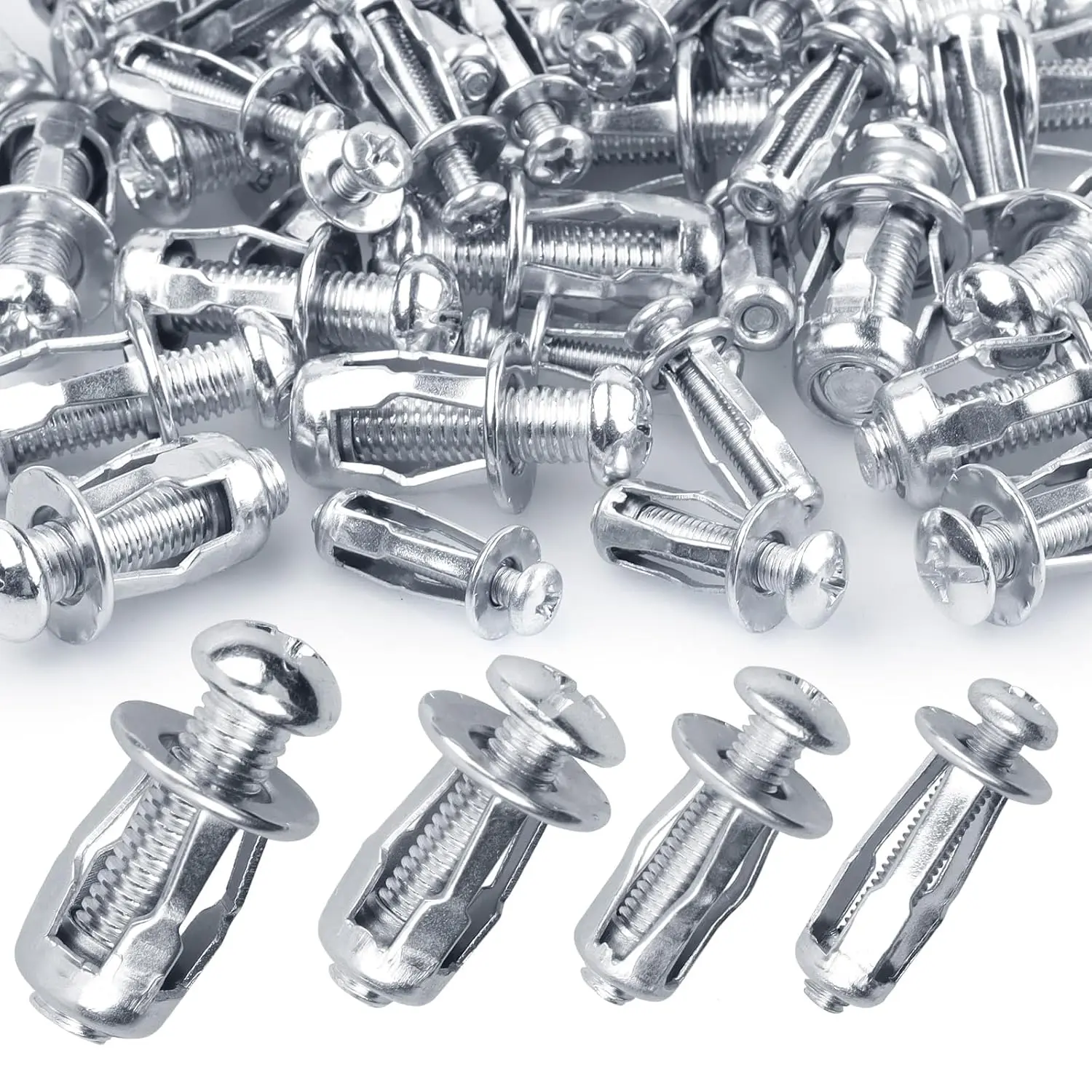 80-Count Carbon Steel Jack Nut Expansion Screw Set, M4-M8 Petal-Shaped Metal Nuts with Screws for Hollow Walls, Plasterboards