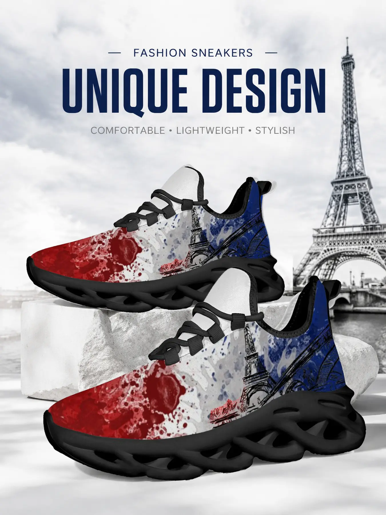 Unisex Splash Watercolor French Flag Eiffel Tower Print Blade Running Sneakers, Black Breathable Mesh Chunky Platform Trainers, Vintage Ink Splatter France Tricolor Hollow Out Non Slip Lace Up Athletic Walking Shoes for Paris Lovers National Holiday Stree