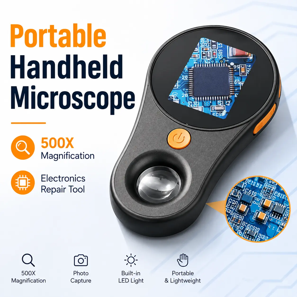 500X Portable Handheld Digital Microscope with Ultra-Macro Lens, High-Detail Inspection Camera for Electronics Repair, Circuit Boards, Soldering, Welding, Scientific Research and Precision Testing