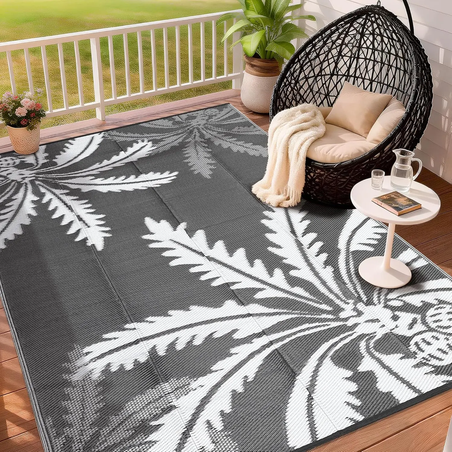 Waterproof Outdoor Rug 5x8 / 8x10 / 9x12 for Patio, Reversible Modern Area Rug, Large Plastic Straw Mat for Camping, RV, Porch, Backyard, Deck, Picnic, Beach