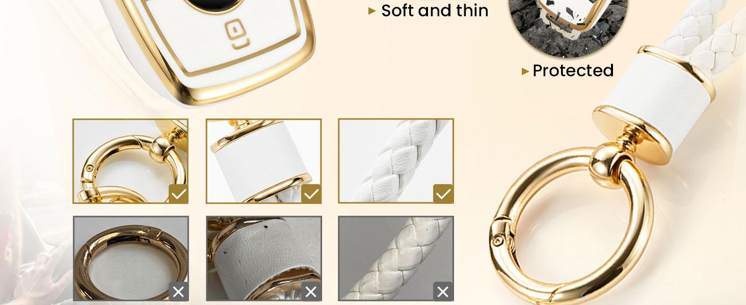 for Mercedes Key Fob Cover with Metal Braided Rope Keychain, Upgraded Soft Case for Benz GLC GLE GLA GLB GLS AMG A G Class (4 Buttons) Shell (Gold Edge, B2)