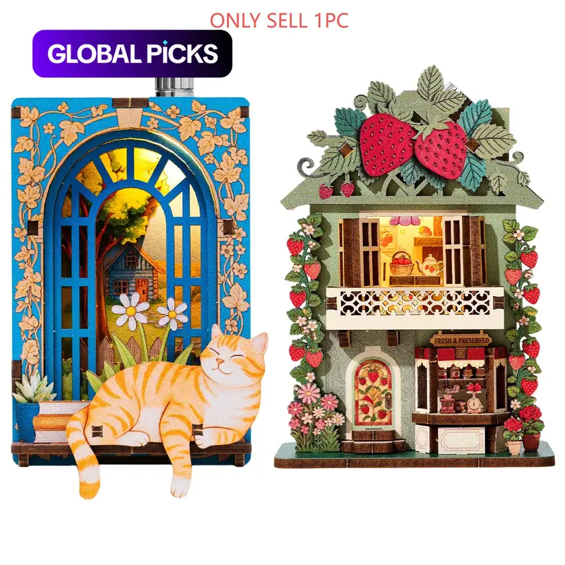 Fridge Magnet DIY Book Nook Kit, Wooden 3D Puzzle Toy, Dollhouse Shop Animal Mini House, Creative Assembly Model, Decorative Furniture, Miniature Set #GLOBAL PICKS