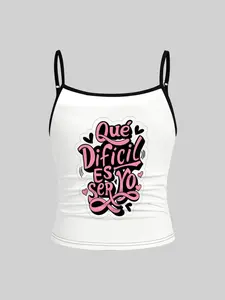 1 piece, girls' Y2K sweet and cool style, printed with "Qué Difícil Es Ser Yo" in pink and black graffiti font plus heart decoration prints, slim fit and figure-flattering, suitable for trendy outings and sports