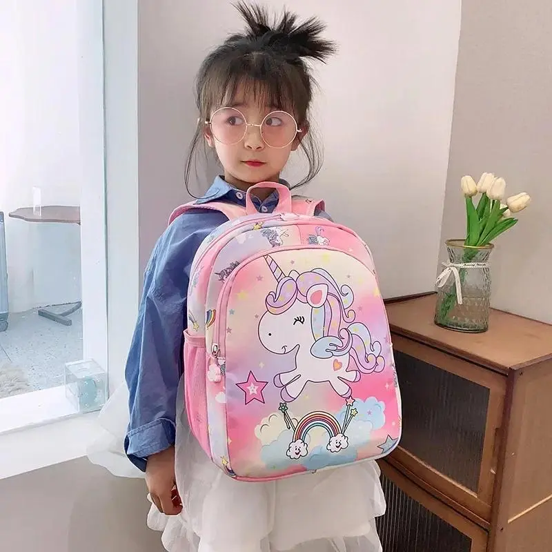 Kindergarten Girls' Cartoon Unicorn Graphic Backpack - Polyester, Basic, Scratchproof, Unisex, Large Capacity Kids' Schoolbag for Foreign Trade Fashion Use