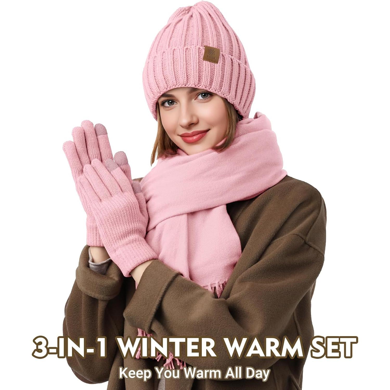 Winter Beanie Hat Scarf Gloves Set for Women, Warm Knit Skull Cap Long Scarf Touchscreen Fleece Lined Gloves