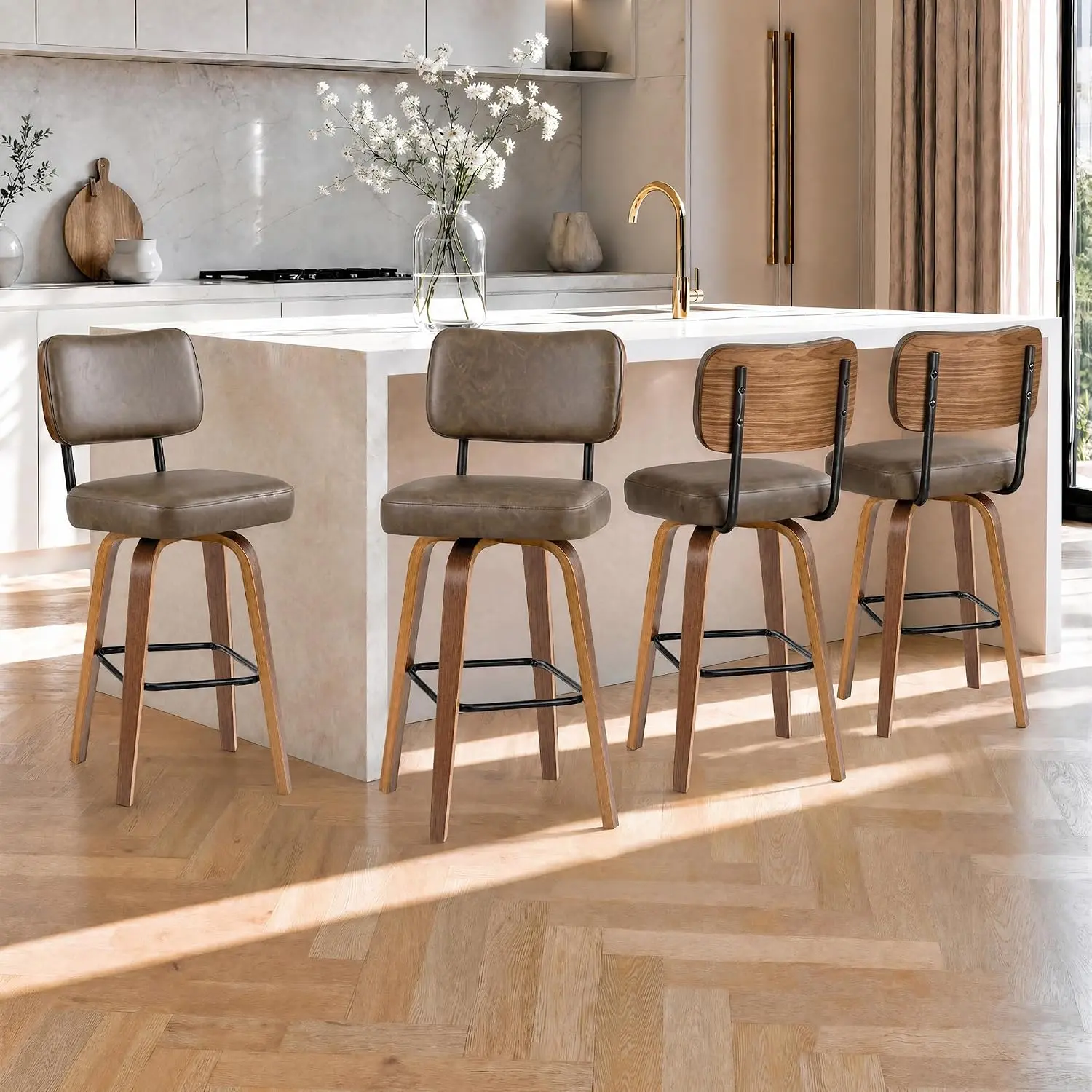 Counter Height Bar Stools Set of 2/3/4, 26" Swivel Bar Stools with Back & Bentwood Legs,Faux Leather Upholstered Counter Stools for Kitchen Counter