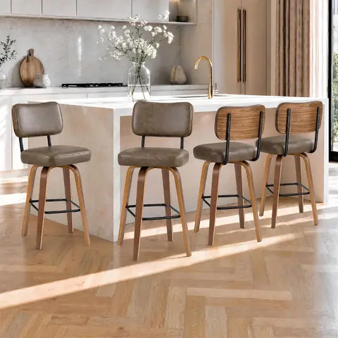 GARVEE PU Leather Counter Height Barstools Set of 2/3/4, 26" Swivel Back Barstools with Curved Wood Legs, Ideal for Kitchen, Home Bar Use by Families