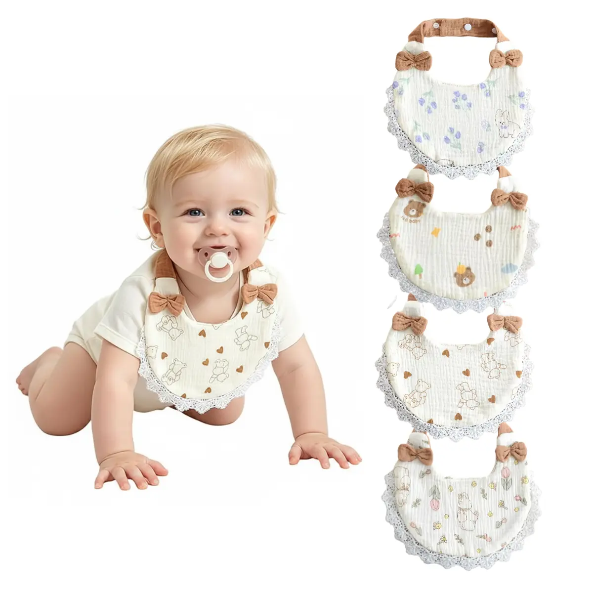 4-Pack Lace Baby Bandana Bibs for Girls, Soft Muslin Cotton Neck Scarf Bibs, Absorbent Drool & Feeding Bib Set for Newborns, Infants & Toddlers