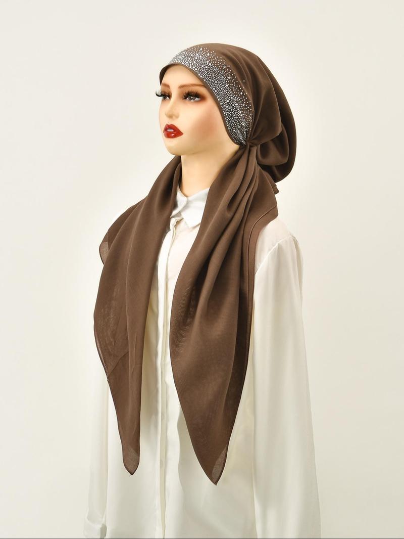 Women's Solid Color Rhinestone Decor Instant Hijab, Turban Hijab, Modest Fashion Breathable Hijab for Daily Wear, Women's Islamic Clothing for All Seasons