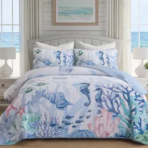Coastal Bedding Quilt Set  Size, Blue Diving Deep  Themed Bedspreads Bedding Set, Nautical Fish Seahorse Microfiber Lightweight Spring Summer Coverlet with 2 Pillow Shams 104x90 Inch