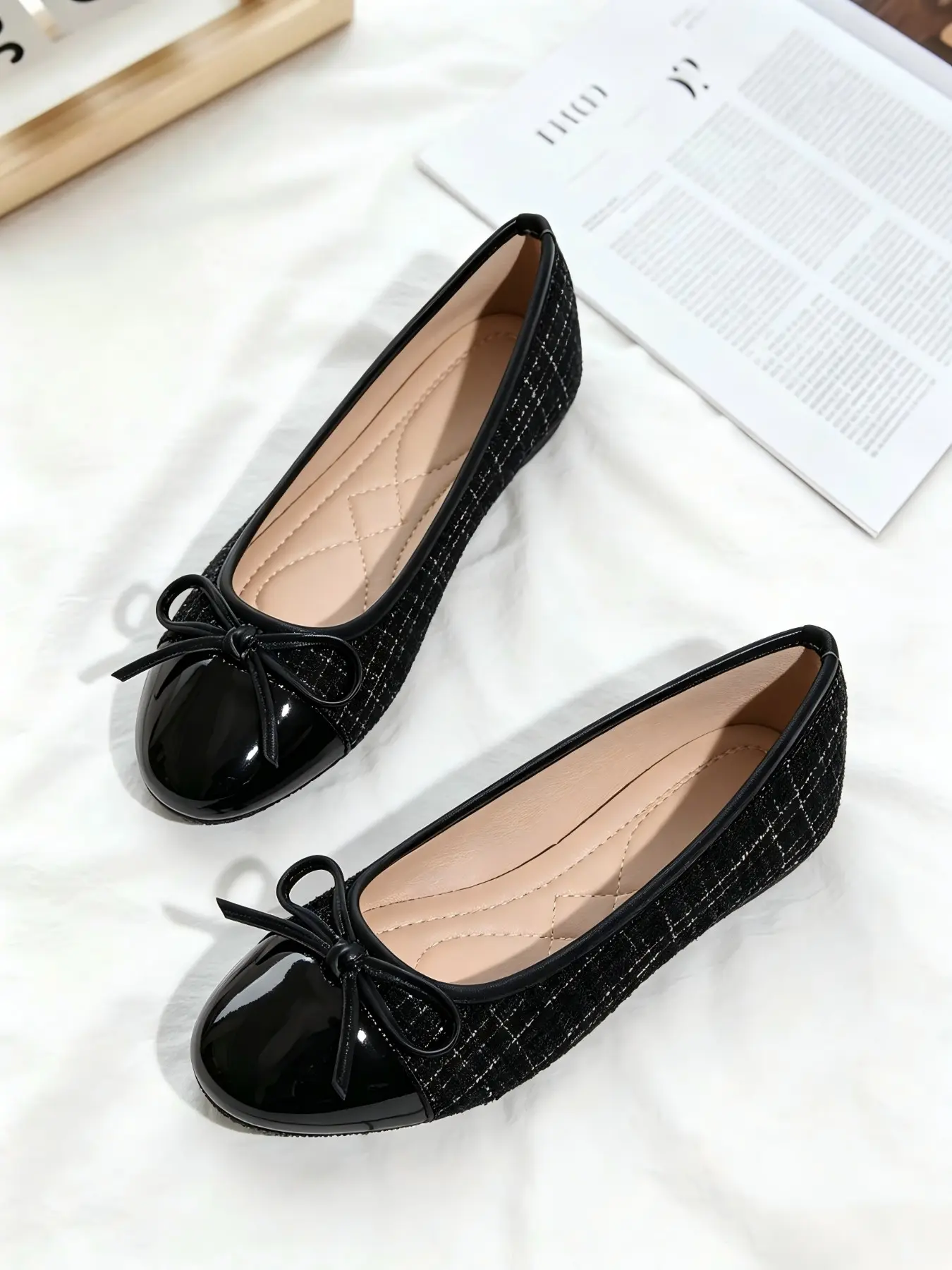 Women Tweed Cap Toe Ballet Flats, Formal Casual Flats, soft padded non-slip comfy flats, all-season wear, office commute wedding daily shoes for ladies, black tweed round toe with bow