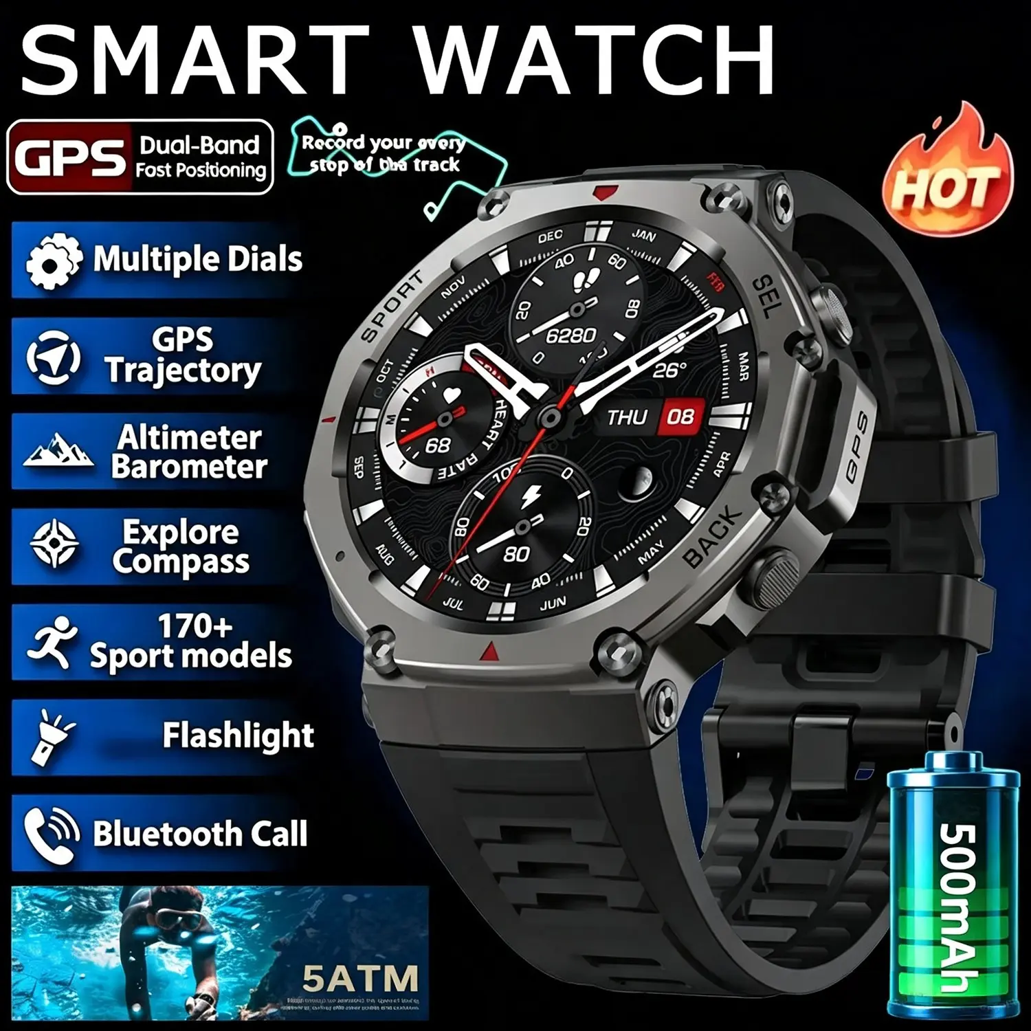 Smart Watch  GPS Smartwatch AMOLED Touch Screen 5ATM Outdoor Compass Smart Fitness Sport Monitoring Men SmartWatch