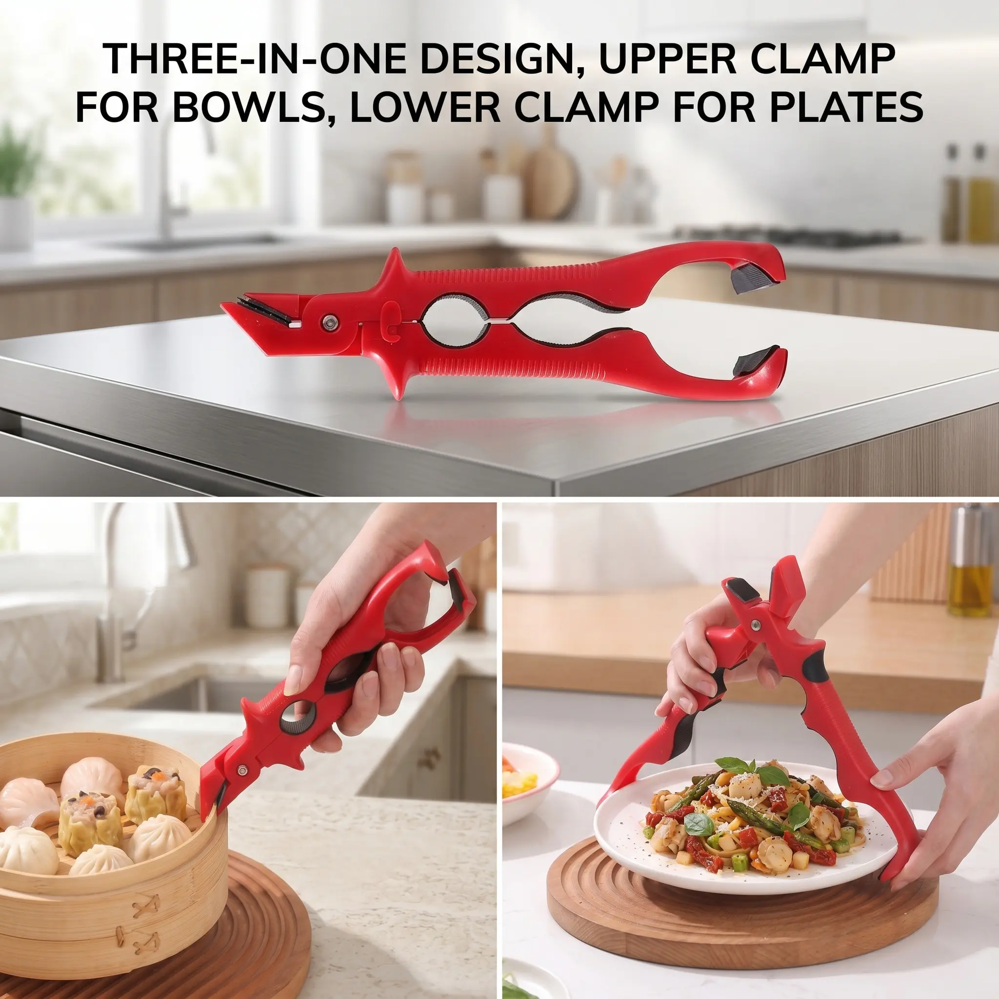 3-in-1 Dual Head Hot Plate Gripper & Bowl Lifter, Anti Scald Non Slip Plate Gripper for Bowls, Plates & Steamers, Heat Resistant Silicone Kitchen Tool with Lock & Multi Size Bottle Opener Utensils Compact Convenience-YY1