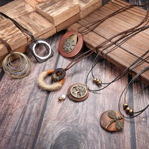 6PCS Boho Layered Long Necklaces for Women | Vintage Wooden Pendant Set | Trendy Dragonfly & Tree of Life Jewelry