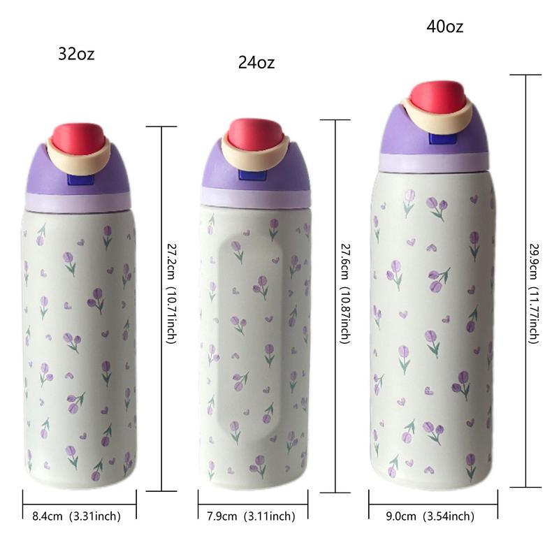 Tulip Pattern Vacuum Flask, 1 Count 24oz/32oz/40oz Stainless Steel Insulated Water Bottle with Straw, Drinking Cup for Home Office School Outdoor, Drinkware, Reusable Tumbler with Lid