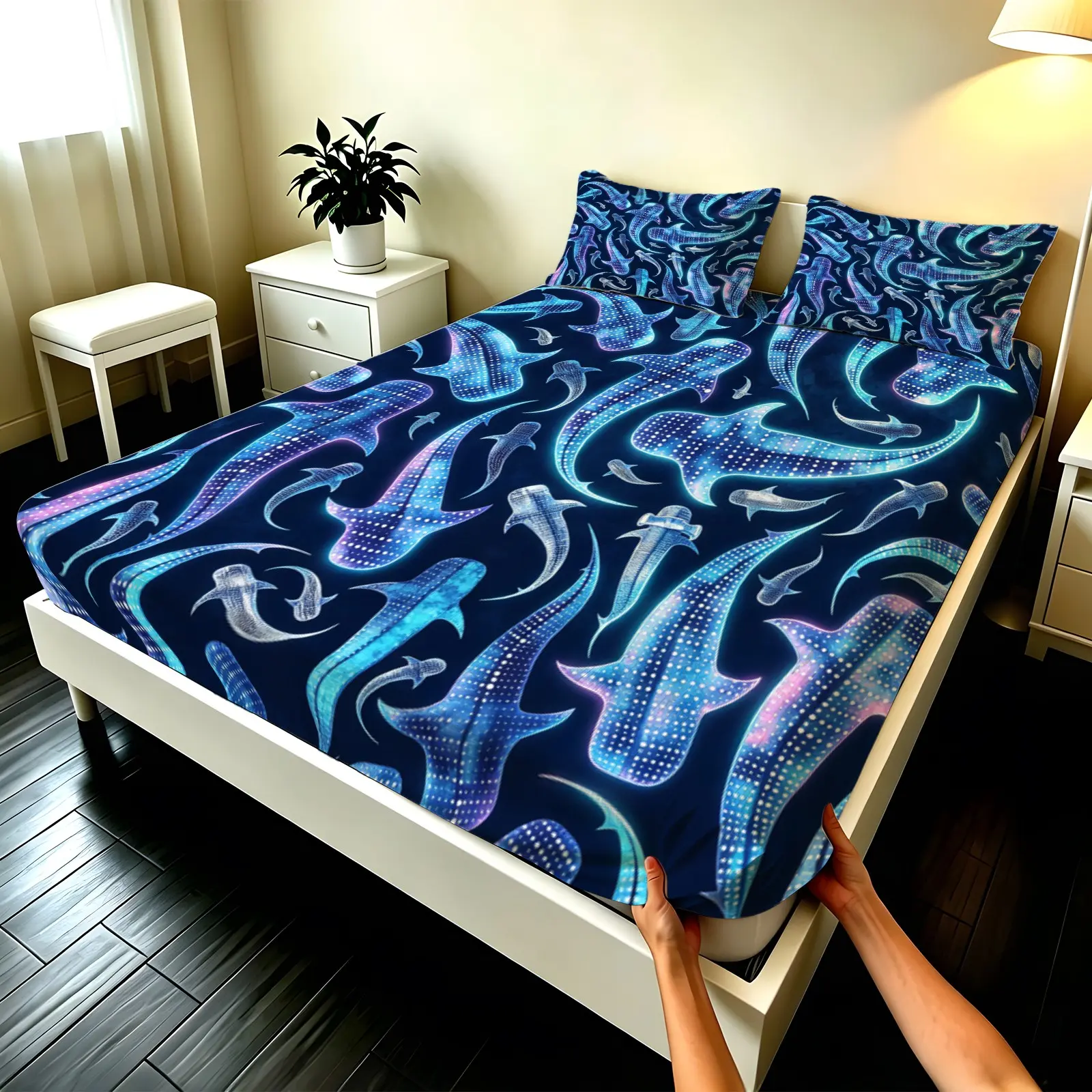 Cartoon Ocean Shark Fitted Sheet Set, Cute Whale Shark Fish Seamless Print, Blue Earthy Neon Multi Tones, Elastic Deep Pocket Fitted Sheet With Pillowcases, Soft Skin-Friendly Fabric, Nautical Bedding Set For Bedroom Home Decor Gift, Cozy Bed Sheets
