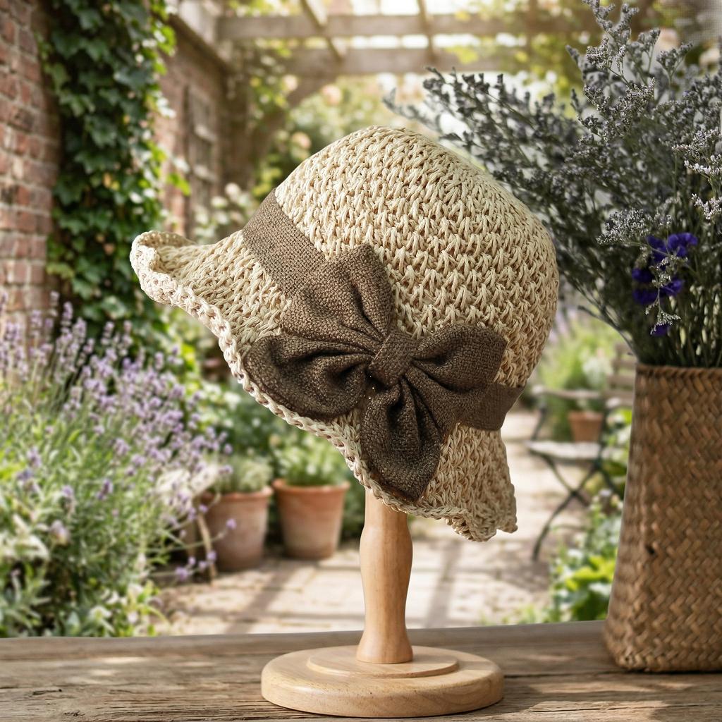 Women Retro Straw Beach  – Foldable Wide Brim Sun  with Bow, Breathable Woven Summer  for Travel, Vacation and Outdoor hat