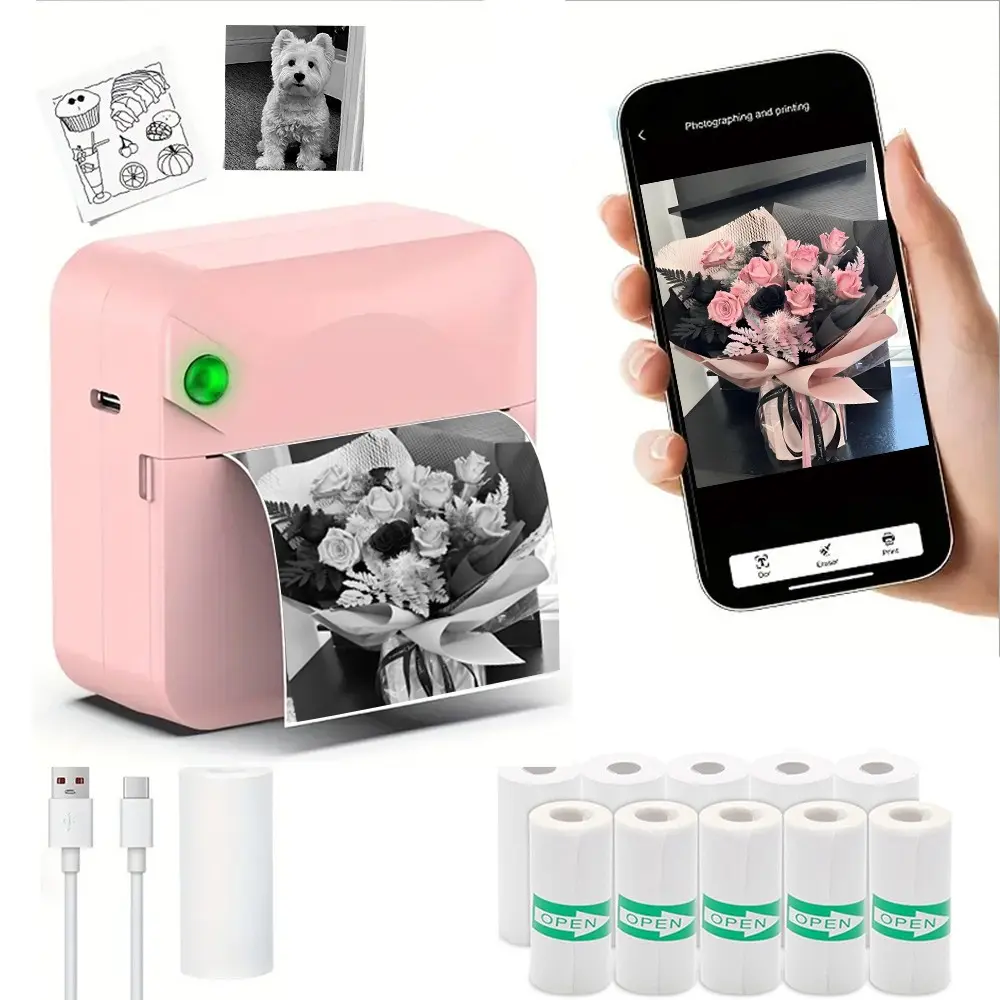 Portable Mini Printer, Thermal Label Printer with 10 Rolls of Paper, Compatible with iOS and Android, Ideal for Notes, Photos, DIY, Diaries