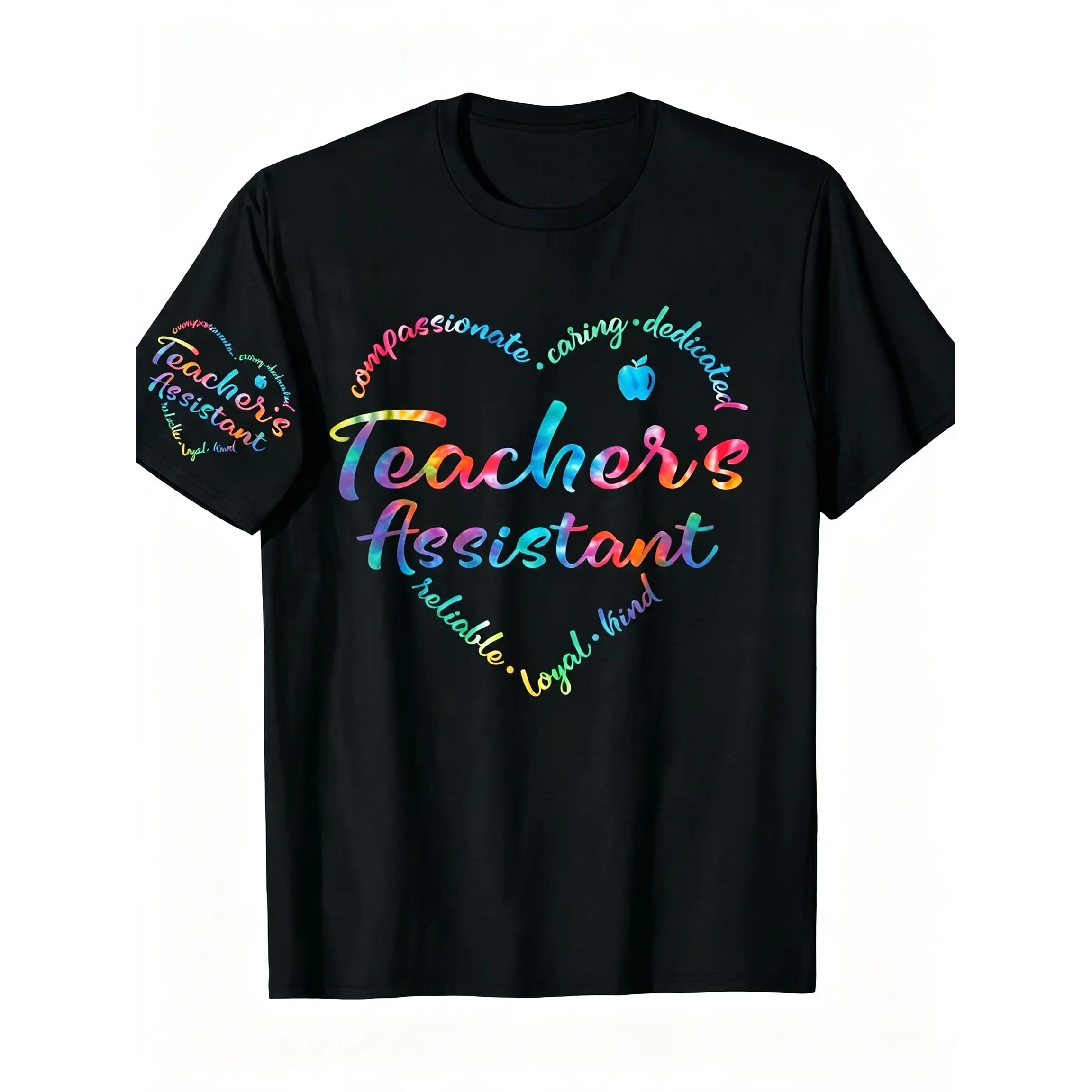 Tie-Dye Teacher's Assistant Class Appreciation Teaching School T-Shirt,Dual Sleeve Rainbow Watercolor Heart Teacher’s Assistant Compassionate Caring Educator Back To School Graphic Tee,summer graphic tees