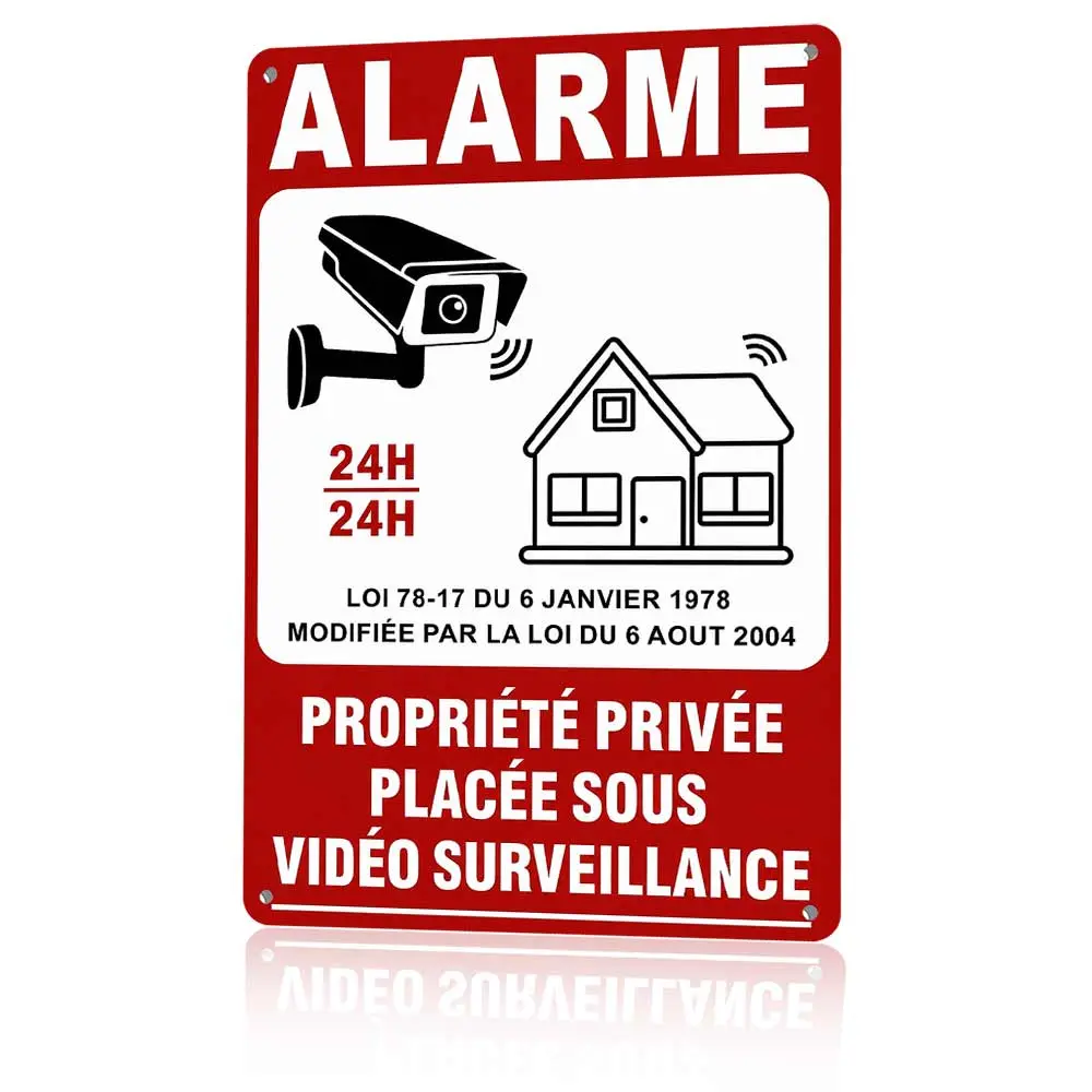 French Video Surveillance Warning Sign Poster, Private Property 24H CCTV Security Wall Plaque, Outdoor Home Shop Safety Alert Decor Print, Unframed