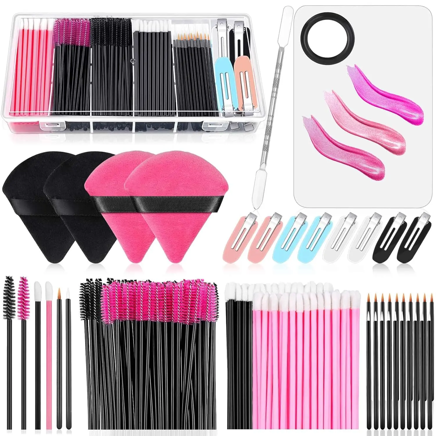 Makeup Applicator Kit with Storage Box, Disposable Mascara Wands, Lip Brushes, Powder Puffs and Mixing Palette, Professional Beauty Tools Set for Makeup Application
