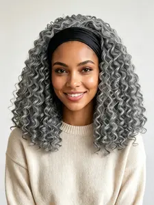 14 Inch Matte Silver Grey Short Kinky Curly Synthetic Head Wrap Wig for African American Women, Glueless Half Hairpiece with Soft Fabric Headband, Hassle-Free Instant Styling for Daily Commute, Casual Shopping & Quick Daily Outfits With