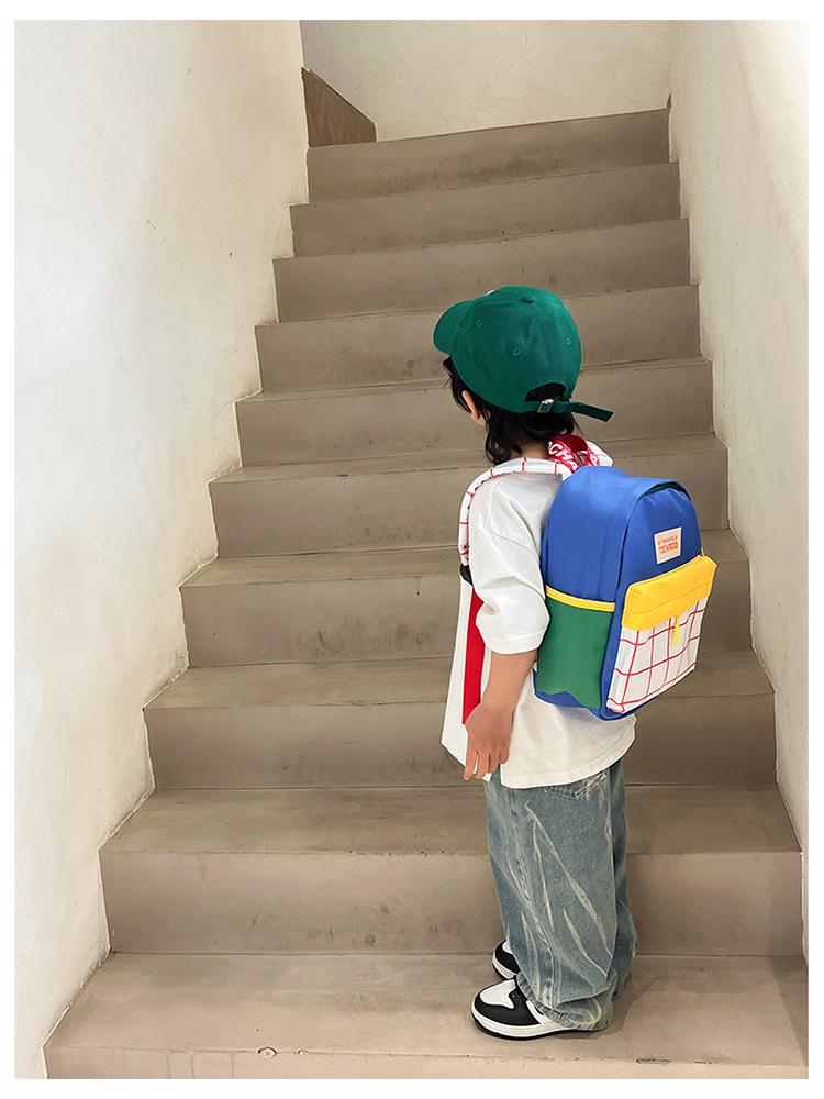 Kindergarten children's backpack, stylish baby color-blocking canvas backpack, lightweight backpack for boys and girls aged 3-6 years old