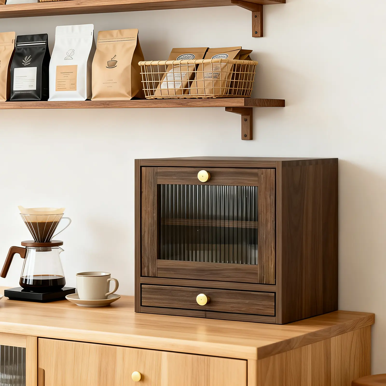 Wooden Bread Box for Kitchen Countertop with Drawer - 2 Layer Farmhouse Bread Storage Container with Acrylic Window, Kitchen Counter Organizer