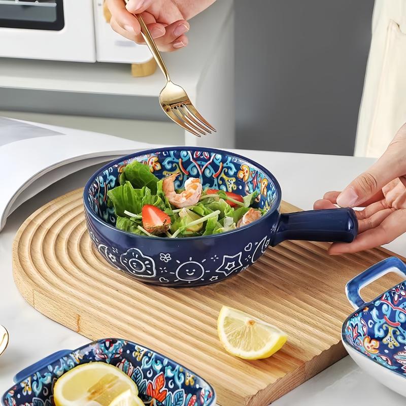 Boho Style Ceramic Salad Serving Bowls with Handle, 2 Counts/set Colorful Flower Pattern Bowl, Microwave & Oven Safe Bowl for Home Baking & Serving, Dinnerware Boho Style Ceramic Salad Serving Bowls with Handle, 2 Counts/set Colorful Flower Pattern Bowl, Microwave & Oven Safe Bowl for Home Baking & Serving, Dinnerware