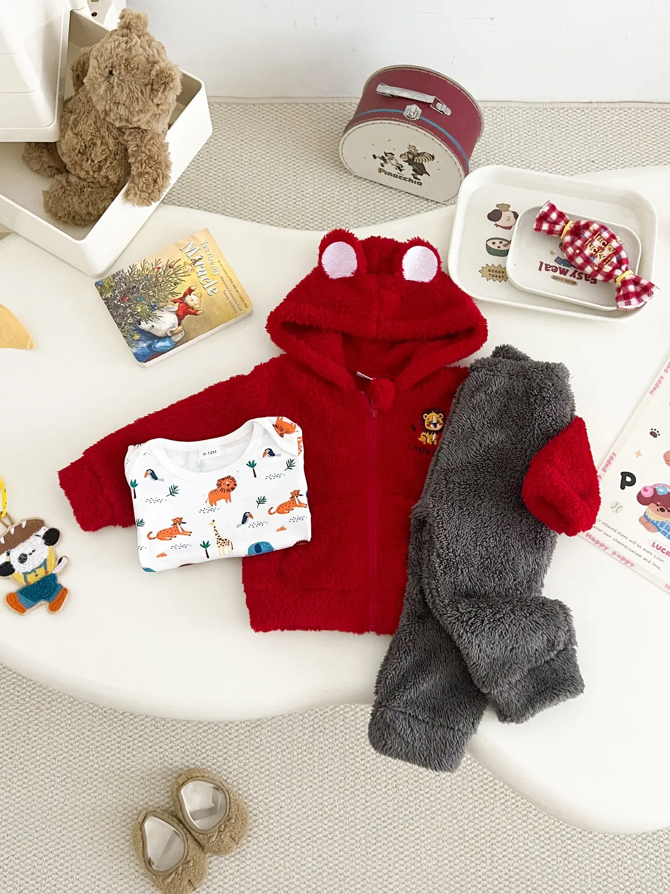 Autumn Winter Plush 3-Piece Set, Lion Embroidery Hoodie Jacket + Cartoon Animal Romper + Solid Color Pants, Kids Outdoor Wear
