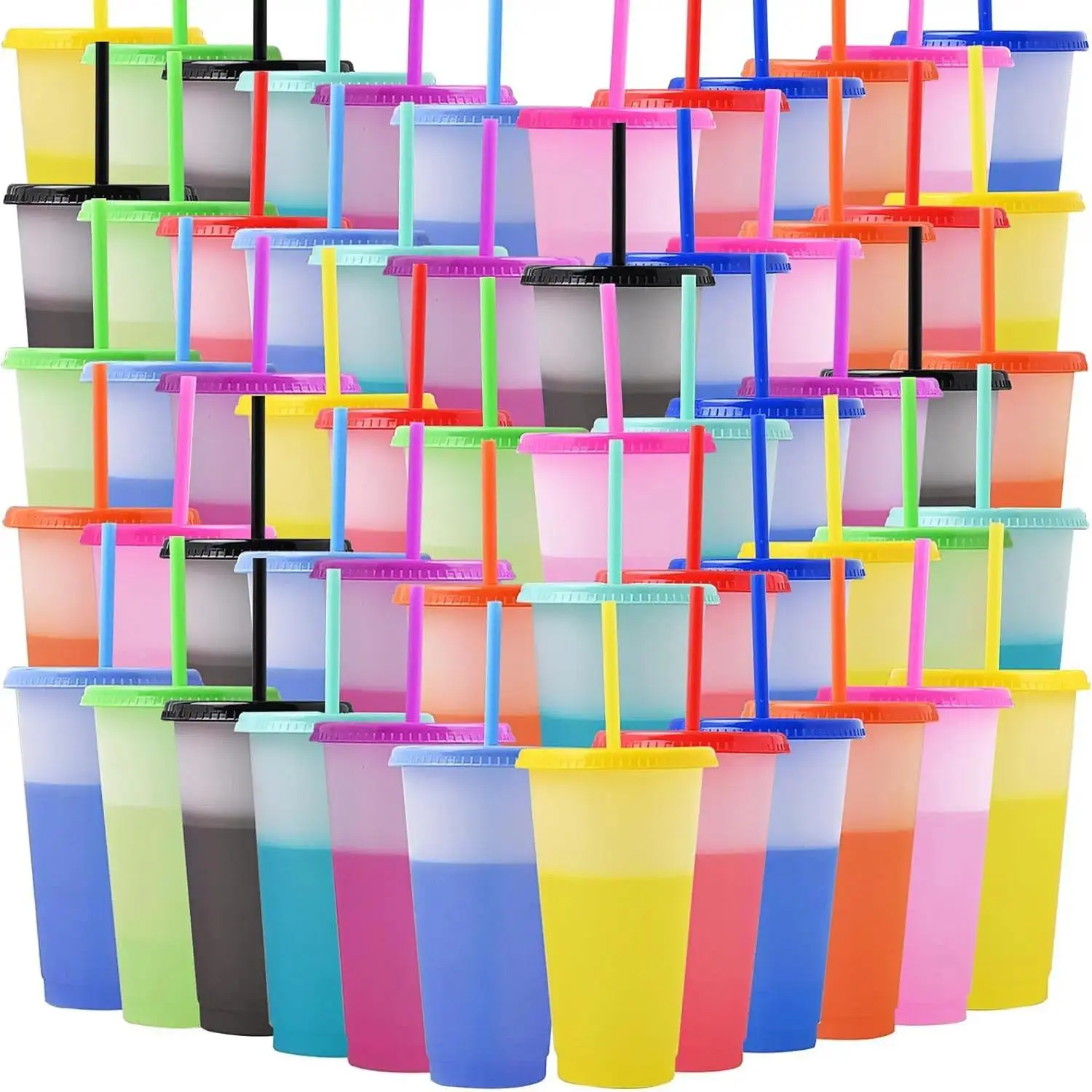24 oz Reusable Plastic Color Changing Tumblers (10-Pack Bulk) - Kitchen Drinkware Cup with Lids & Straws, for Iced Beverages, Party Favors, 24 Oz Cup