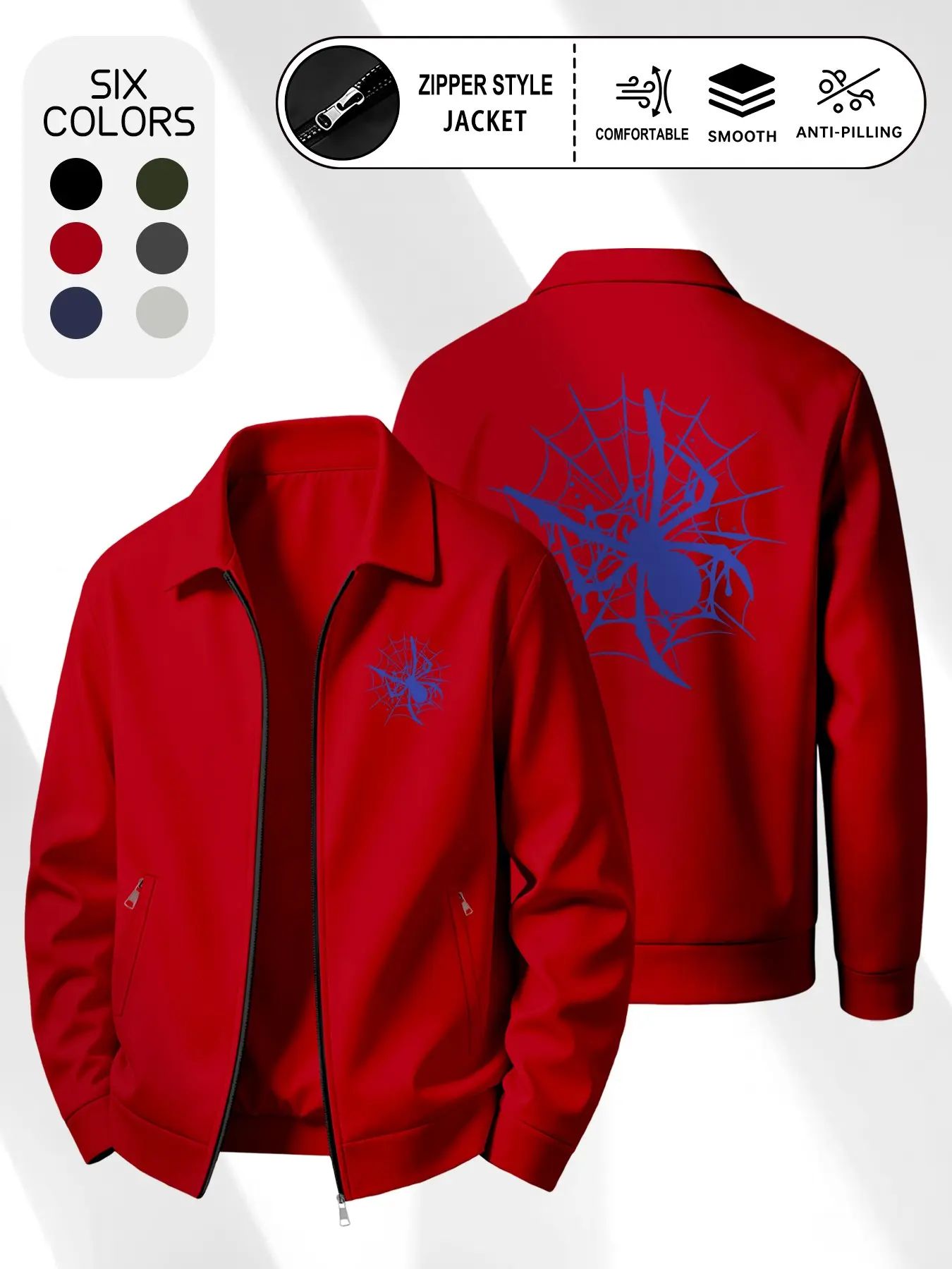 Men's American Street Spider Web Print Lapel Jacket, Lightweight Zipper Outerwear, Casual Long Sleeve, Spring & Fall Fashion
