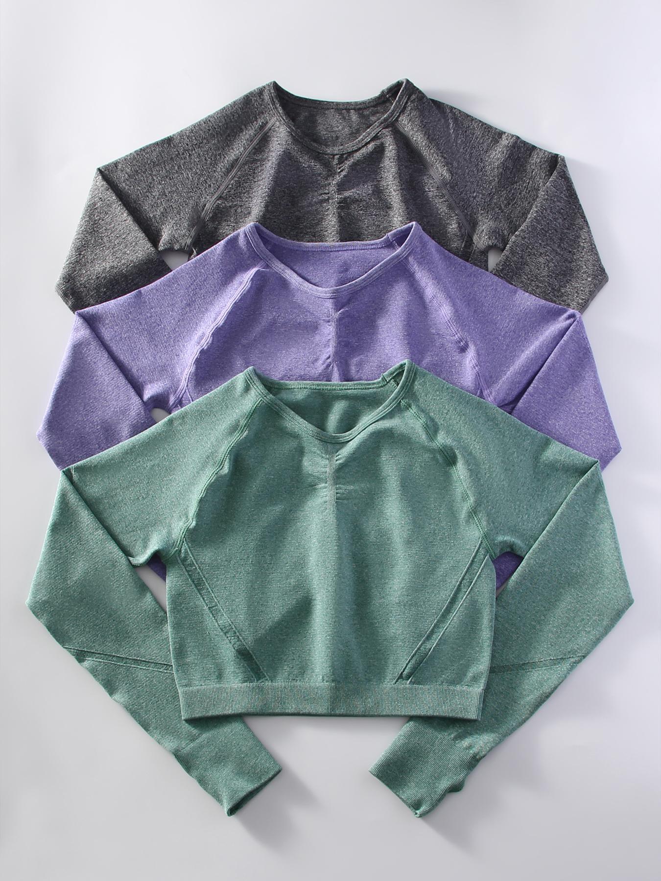 Women's Solid Raglan Sleeve Crop Sports Tee, Sporty Breathable Comfortable Round Neck Long Sleeve T-shirt for Yoga Gym Workout, Ladies Sportswear for Spring & Fall, Athletic Yoga Tops