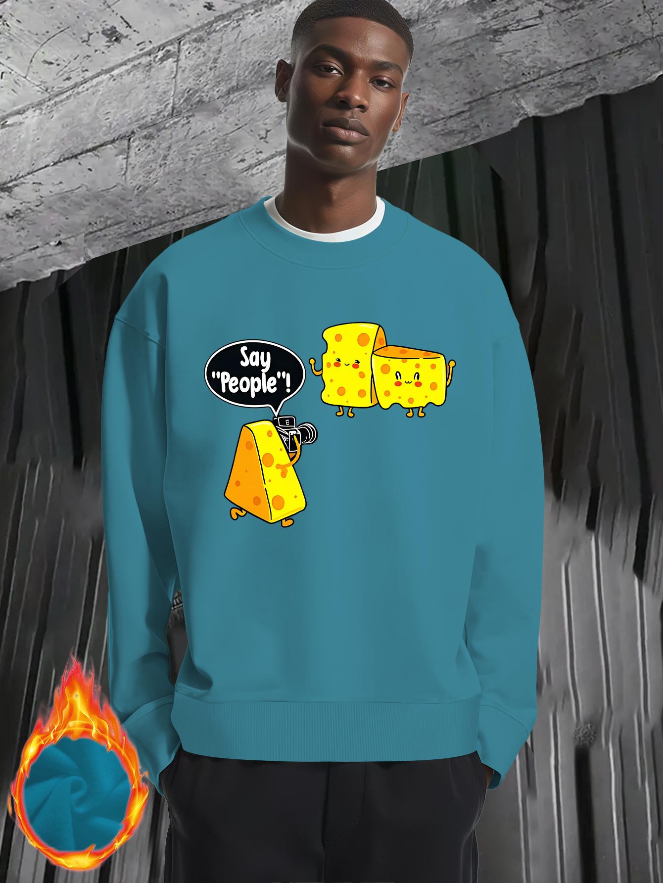 Men'S Funny Cheese & Cheese Slice Graphic Sweater - Oversized Round Neck Long Sleeve Thickened Winter Warmth, Loose Fit Casual Pullover with Cheese Slice & Cheese, Cheese Print - Comfortable Everyday Essential For Men, Cheese Sweater