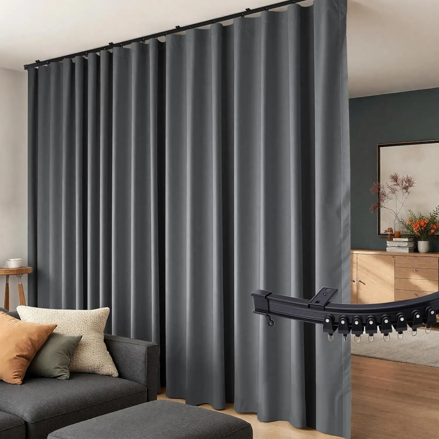 Room Divider Curtains Flexible Ceiling Tracks Set Curtain Track Ceiling Mount Blackout Curtain for Bedroom Living Room Ceiling Curtain Rod Privacy Dividers Panels W100 x H84 Grey Drape & Black Rail