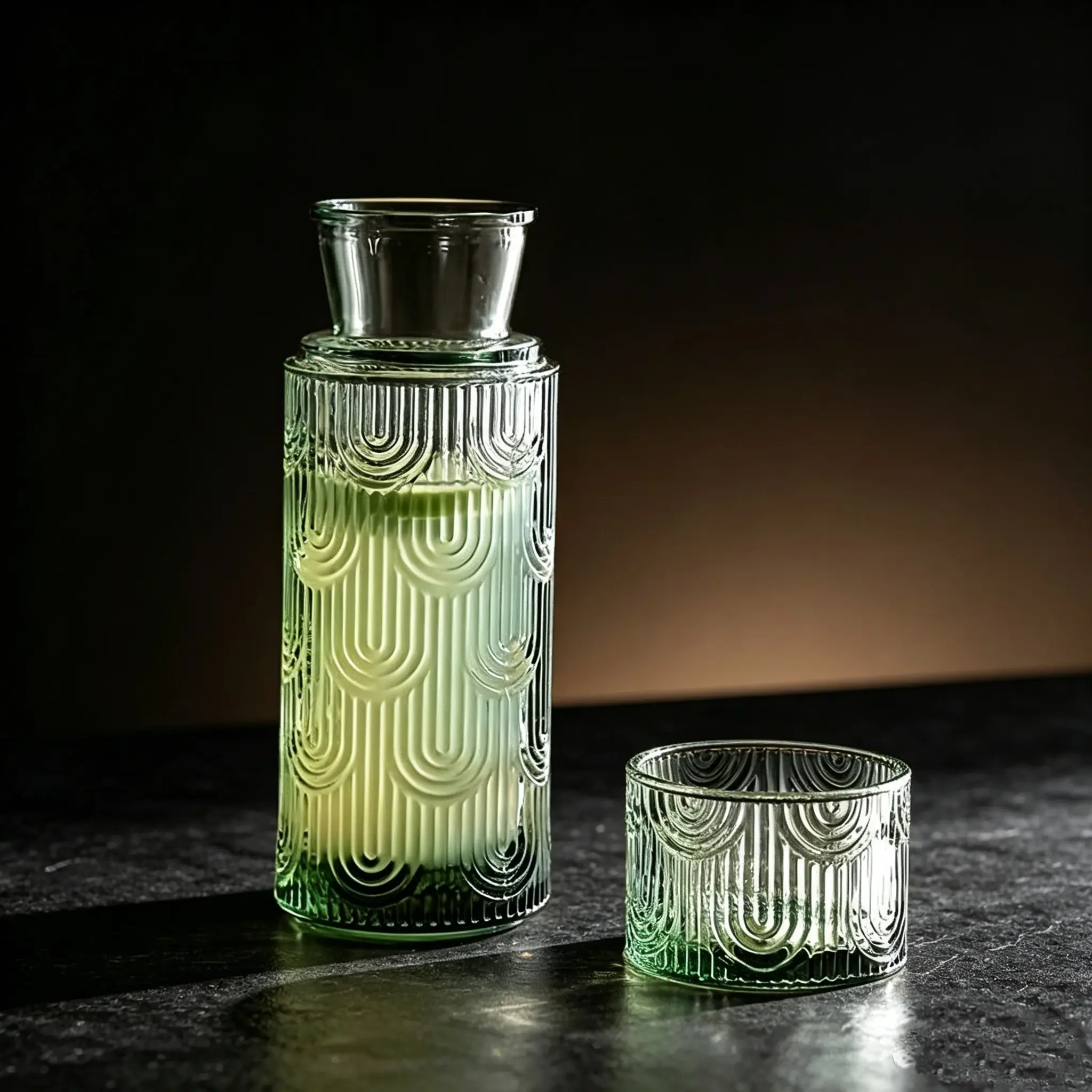 Vintage Vertical Striped Large Capacity Durable Glass Drinkware Water Jug Set, Ideal for Bedroom Nightstand, Study Room, Office Decor