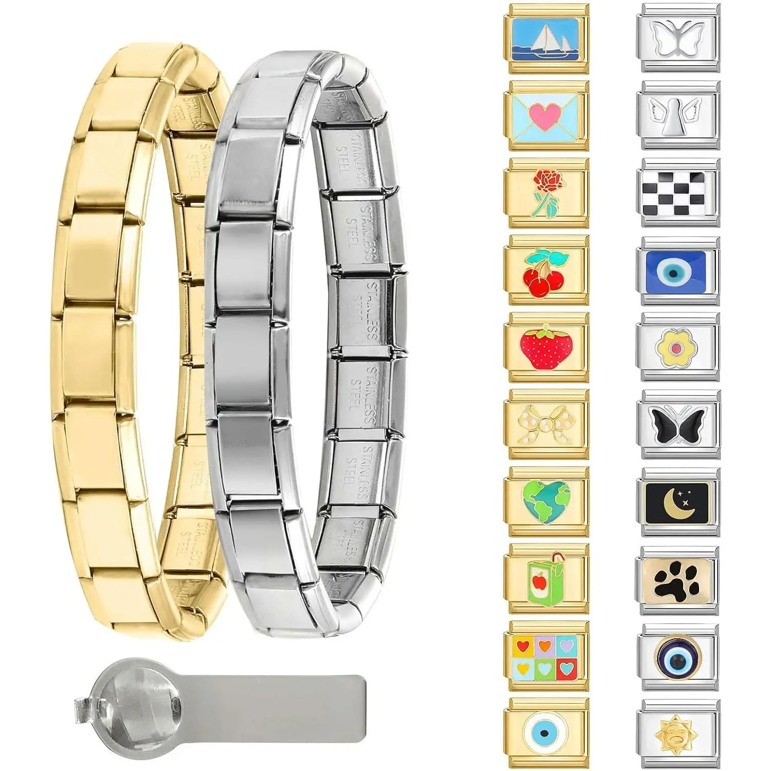 23 count Italian Charm Bracelet   Set with Starter Brascelet,  Charms and Opening Tools, 9mm Modular Italian Charm Bracelet Links  DIY  Gifts