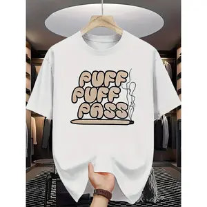 "Retro-style Puff Puff Pass printed men's crew neck short-sleeve T-shirt, a casual and versatile trendy item."